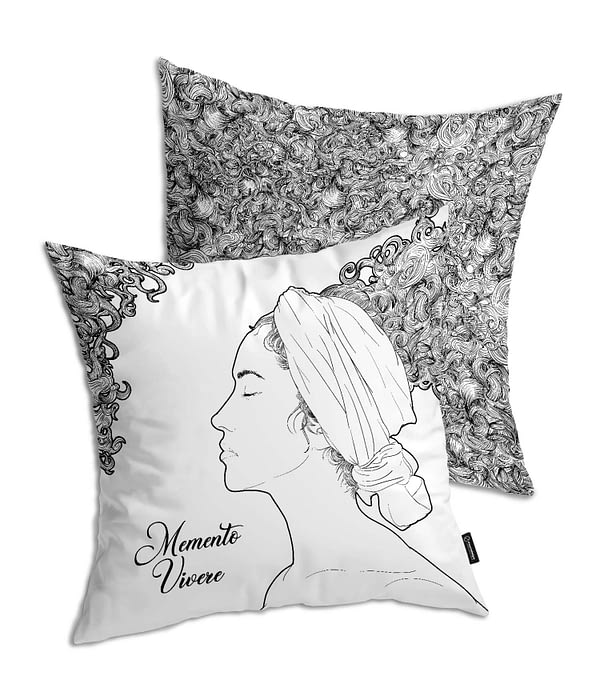 Cojín Blanco 'Memento Vivere'. Negro. 2 Caras. Frontal. ChapartsDesigns