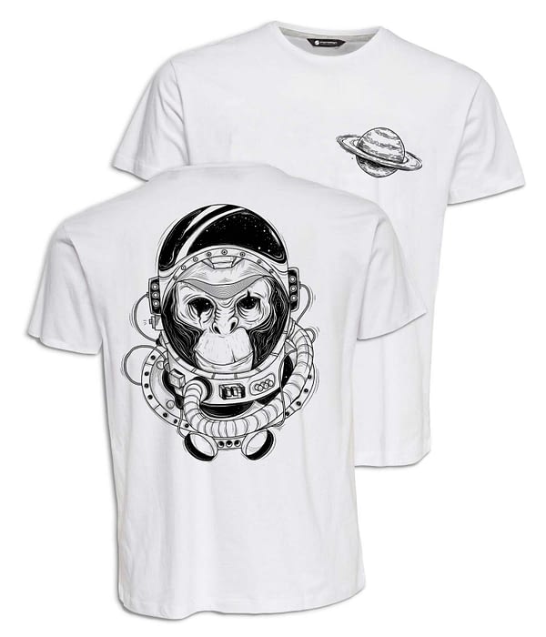 Camiseta Infantil 'Mono Astronauta, un viaje interestelar'. Frontal y Reverso. ChapartsDesigns