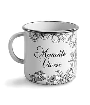 Taza Vintage 'Memento Vivere'. Negro. Diestro. Izquierda. ChaparatsDesigns