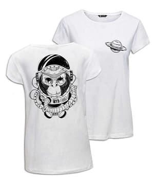 Camiseta Mujer 'Mono Astronauta Viaje Interestelar'. Reverso y Frontal. ChapartsDesigns