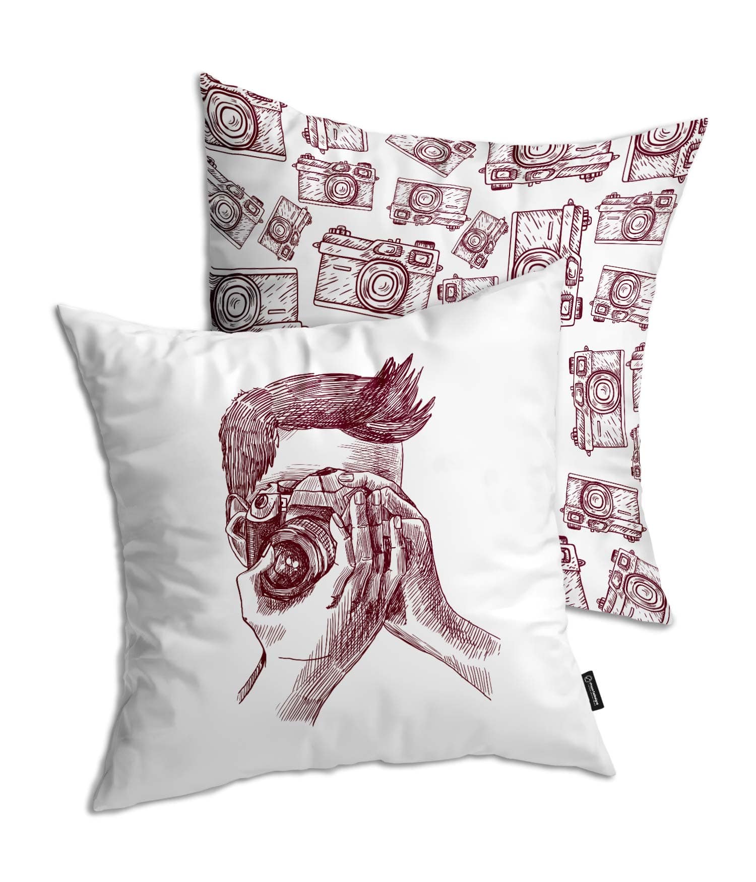 Cojín Blanco 'Fotógrafo capturando sonrisas'. Burdeos. 2 Caras. ChapartsDesigns