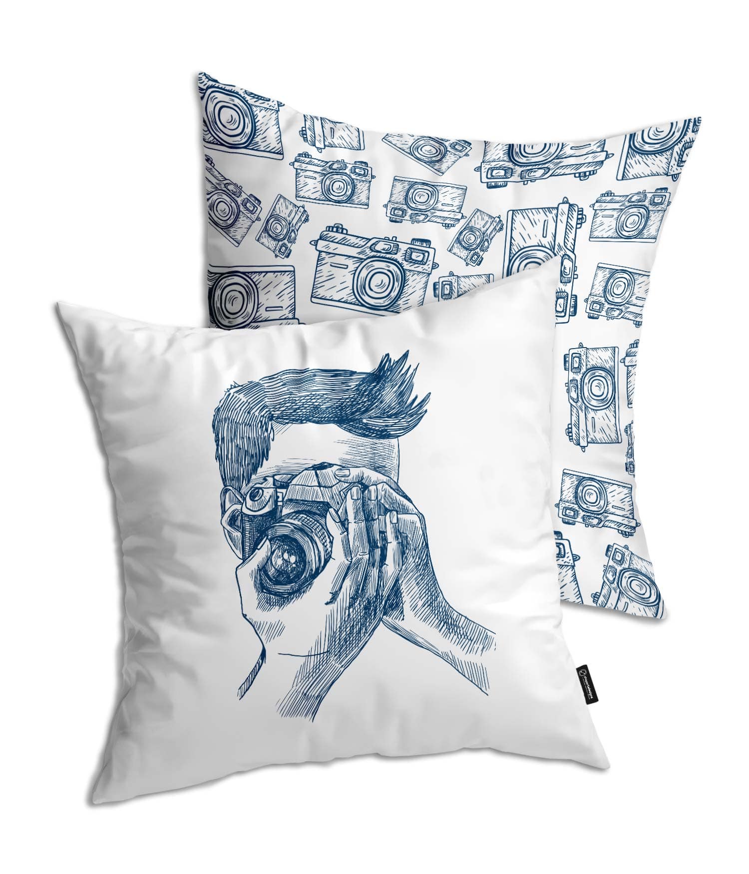 Cojín Blanco 'Fotógrafo capturando sonrisas'. Indigo. 2 Caras. ChapartsDesigns