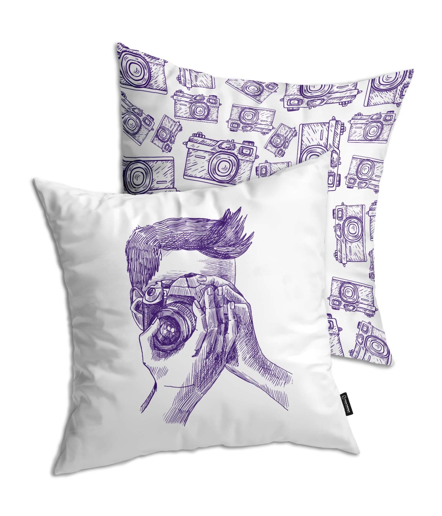 Cojín Blanco 'Fotógrafo capturando sonrisas'. Morado. 2 Caras. ChapartsDesigns