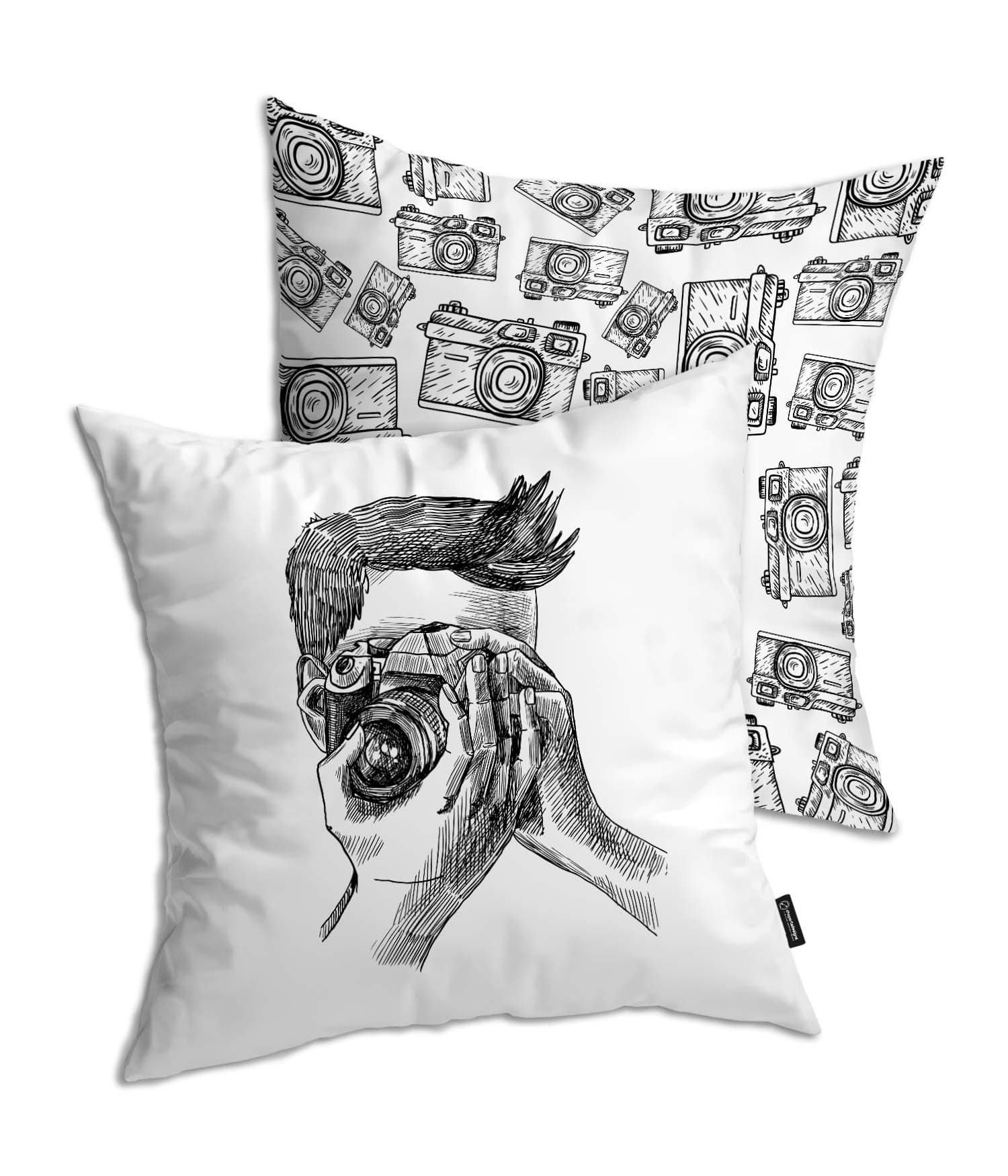 Cojín Blanco 'Fotógrafo capturando sonrisas'. Negro. 2 Caras. ChapartsDesigns