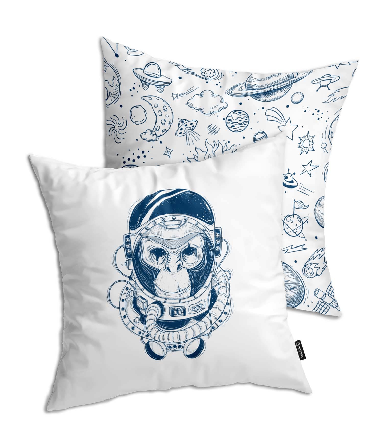 Cojín Blanco 'Mono Astronauta, un viaje interestelar'. Indigo. 2 Caras. Frontal. ChapartsDesigns