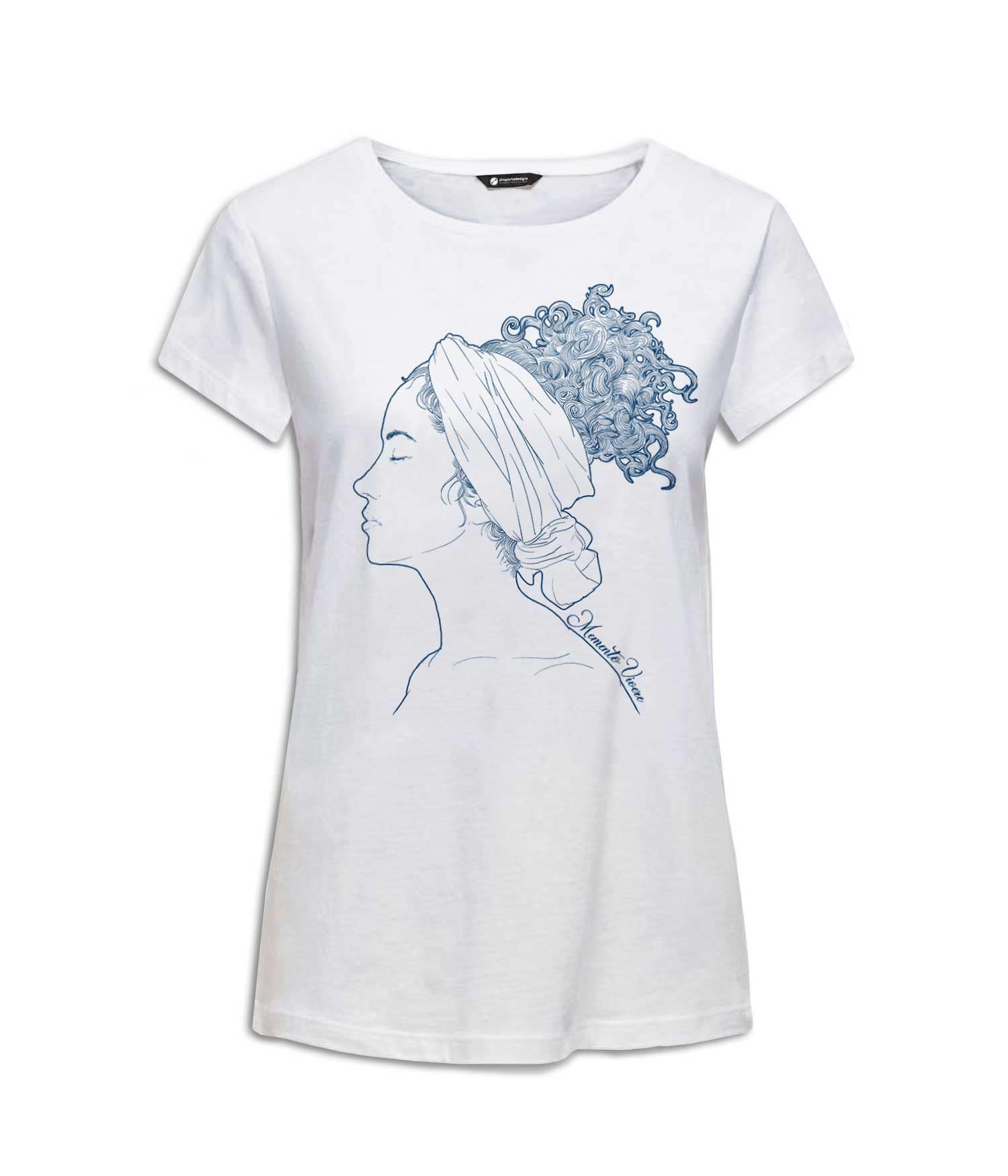 Camiseta Mujer 'Memento Vivere'. Frontal. Indigo. ChapartsDesigns Camiseta Mujer 'Memento Vivere'. Frontal. Indigo. ChapartsDesigns